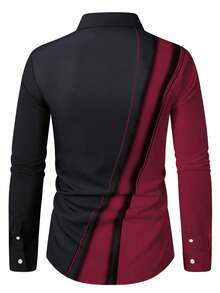 Manfinity Mode Men's Fashion Commuter Contrast Color Button Long Sleeve Shirt, Formal, Ceremony - Red and Black - View 2