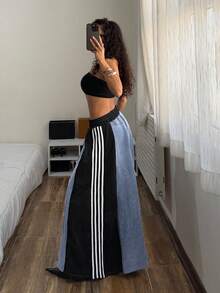StreetHx Women's Casual Daily Contrast Color Striped Drawstring Waist Denim Skirt - Multicolor - View 7