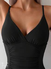 Swim Basics 1pc Women Solid Color Ruched Swimsuit Summer - Black - View 3