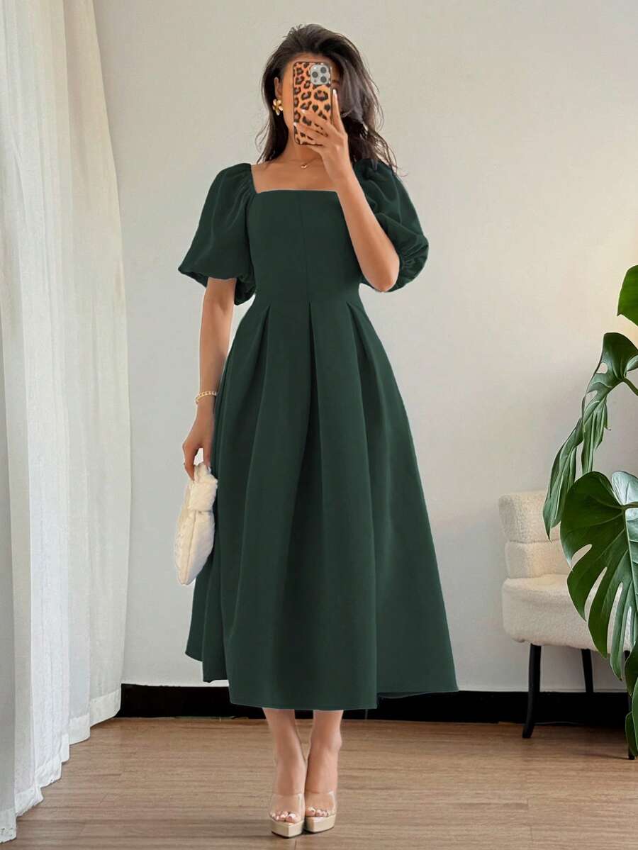 Elenzga Đầm nữ thanh lịch, tối giản, màu trơn, cổ tròn, viền bèo nhún, dáng chữ A, tay phồng, tay ngắn, thích hợp cho đi làm, công sở, kinh doanh, thường ngày, du lịch, tiệc trà chiều, tiệc tùng. - Màu xanh lá cây đậm - Xem 1