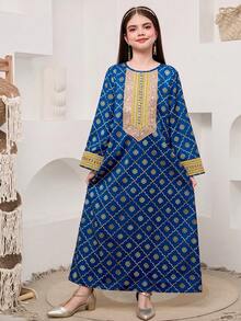 SHEIN رمضان جلابيه  Tween Girl Casual Long Sleeve Mesh Jacket With Dress الملابس التقليدية العربية