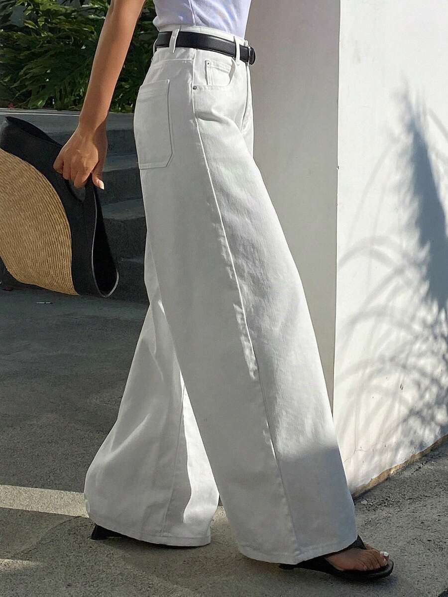 DAZY Quần jean nữ ống rộng, đơn giản, đa năng, màu trơn, thích hợp mặc hàng ngày đi làm, không kèm thắt lưng. - trắng - Xem 1