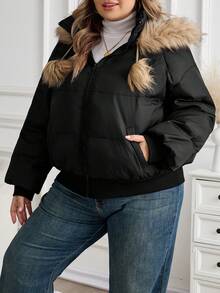 SHEIN CURVE+ Plus Size Women's Casual Patch Fluffy Drawstring Fluffy Canopy Decoration Zipper Hooded Padded Coat, Winter - Black - View 5