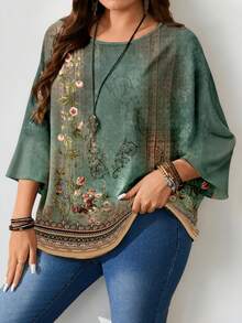 SHEIN CURVE+ Women Plus Size Casual All-Over Print Loose Fit Round Neck 3/4 Sleeve Blouse, For Summer - Multicolor - View 3