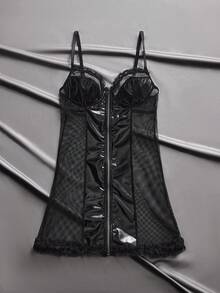 EmpressEnvy Lacquered Leather Patchwork Fishnet Lace Trim Front Zipper Hollow Back Sexy Bodycon Dress - Black - View 4