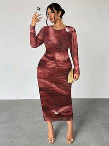 Firerie Đầm maxi dài tay thanh lịch in họa tiết tie-dye, xếp ly eo, cổ bất đối xứng, chất liệu vải lưới co giãn, thích hợp cho buổi hẹn hò, tiệc tùng, đi nghỉ mát hoặc đi học. - Gỗ đỏ - Xem 6