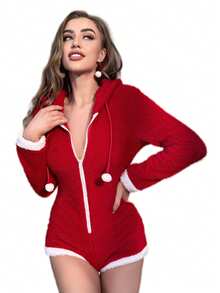 拉链抽绳连帽法兰绒舒适冬季家居连体衣，蓬松柔软 - 紅色 - 查看 5