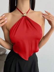 Aloruh 女士不对称下摆露背吊带背心 - 紅色 - 查看 4