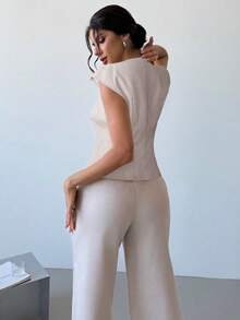 Firerie Elegant Lightweight Linen-Like V-Neck Cap Sleeve Blouse And High Waist Pleated Wide Leg Pants Set, Casual Business Commuter Outfit, Suitable For Spring/Summer, Graduation Ceremony, Teacher Attire, Back To School Season In Autumn/Winter - Apricot - View 3