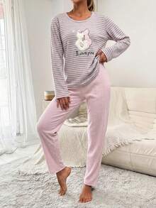 EURMUSE 100%Cotton Embroidery Cartoon & Letter Pattern Striped Lounge Set - Multicolor - View 4