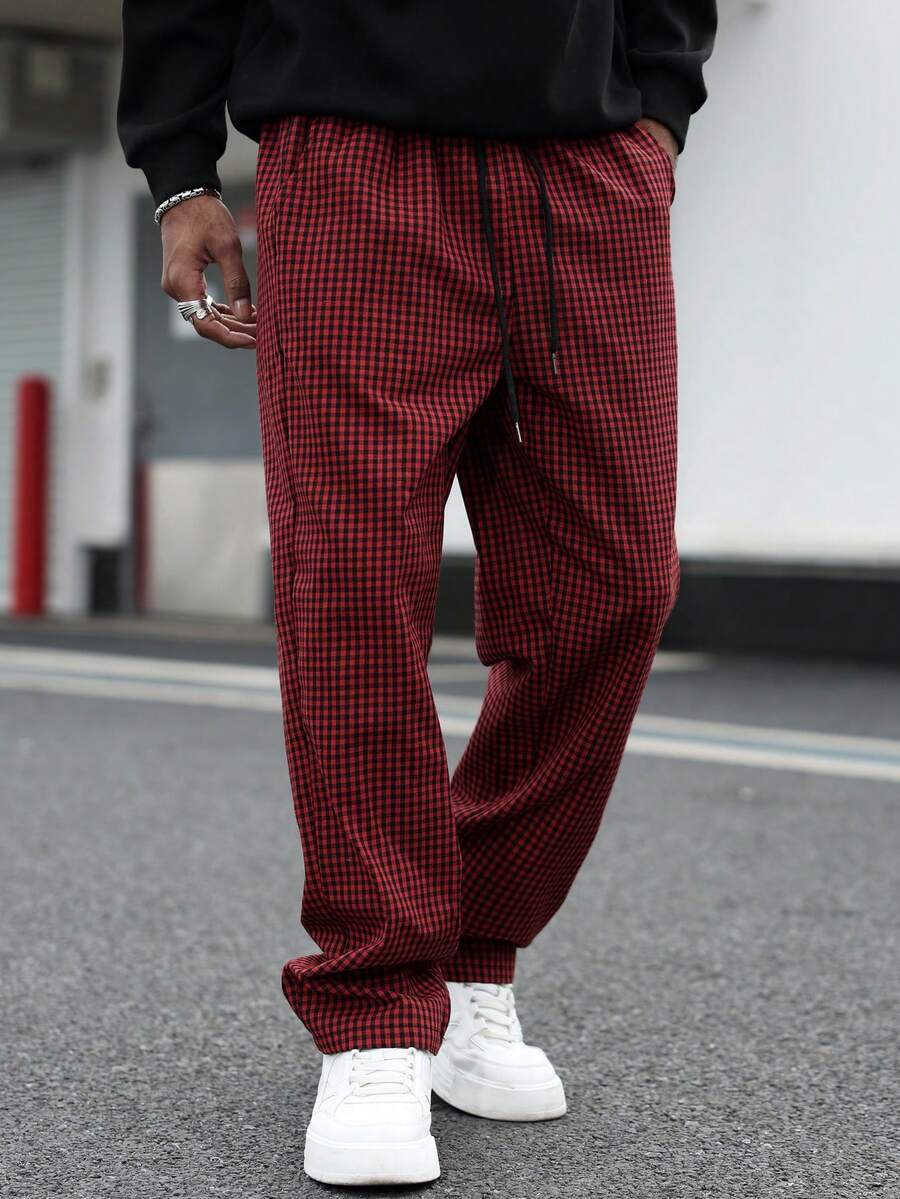 Claim Dot Men's Drawstring Waist Plaid Pocket Wide Leg Loose Casual Pants - Dark Red - View 1