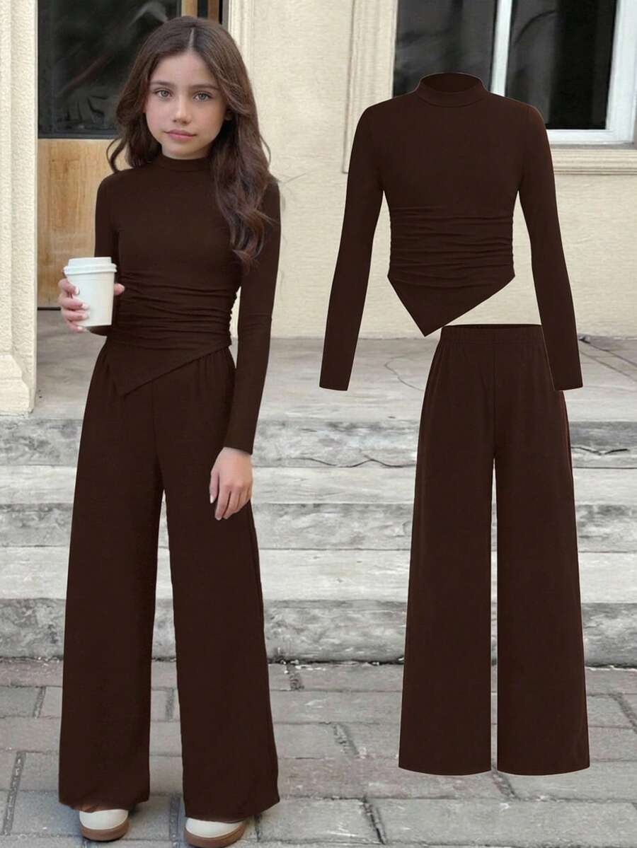 Serisse Kids 少女休闲基础款简约舒适高弹力抓绒立领不对称褶皱修身上衣和宽松阔腿裤两件套，返校季，适合日常外出穿着 - 棕色 - 查看 1