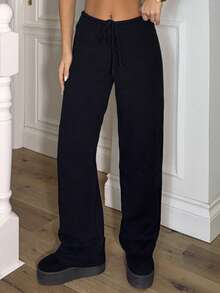 Ronhire Low Rise Drawstring Waist Rib Knit Wide Leg Casual Trousers Fall Autumn Winter Everyday Office Christmas Evening Party Elegant - Black - View 3