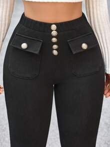 Flexra 女士金属纽扣口袋设计修身休闲百搭牛仔裤 - 黑色 - 查看 7