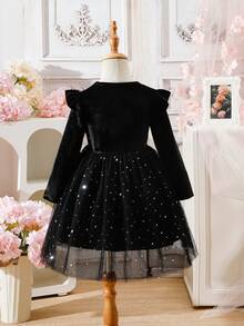 Glamorique Kids Váy Giáng sinh lưới sao nhung chắp vá màu đỏ mới cho bé gái, phù hợp cho mùa thu/đông, vải chất lượng, lưới sao mềm mại, thiết kế chắp vá nhung, phù hợp cho Giáng sinh và các dịp thường ngày - màu đen - Xem 2