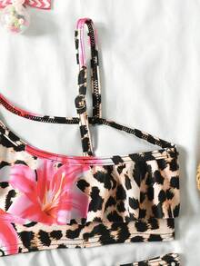 Young Girl Leopard Floral Ruffle Trim Bikini Set, Adjustable Straps, Asymmetric Neckline Swimwear, Suitable For Beach, Vacation, Summer Gift - Multicolor - View 5