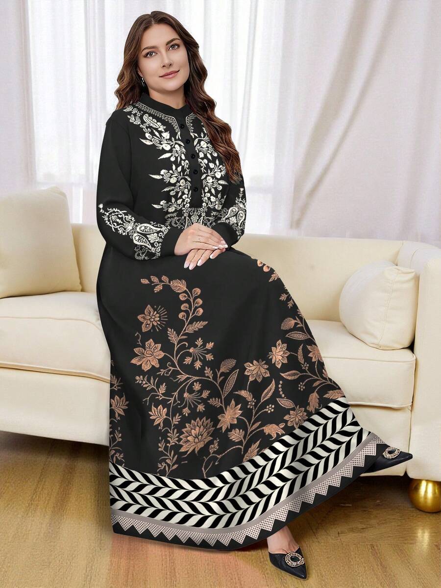 SHEIN Najma 大码女士优雅长袖连衣裙，饰有腰果花和人字纹数码印花，纽扣领，适合春秋季穿着。 - 彩色 - 查看 1