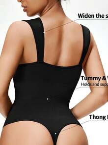 SHEIN 1 pièce Combinaison moulante minimaliste de tous les jours pour femmes, de couleur unie, galbant la taille et l'abdomen, avec un entre-jambes confortable à boutons-pression, facile à enfiler et à retirer - Noir - Voir 3