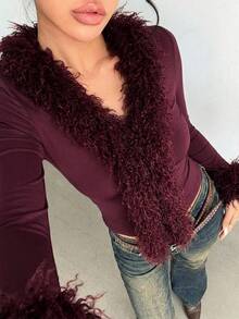Aloruh Burgundy Christmas New Year Valentine's Day Sweater With Fur Collar Splice Long Sleeve T-Shirt - Burgundy - View 1