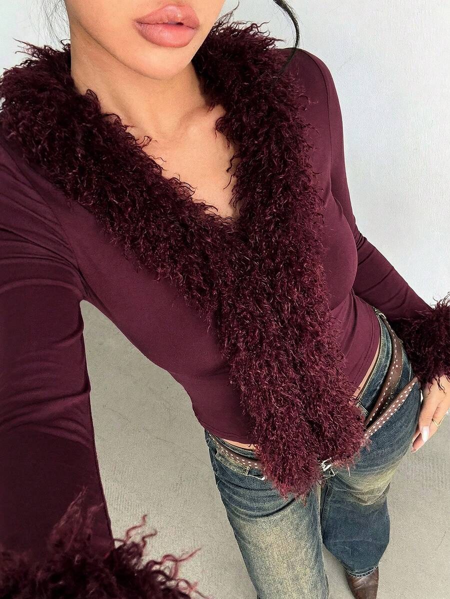 Aloruh Burgundy Christmas New Year Valentine's Day Sweater With Fur Collar Splice Long Sleeve T-Shirt - Burgundy - View 1