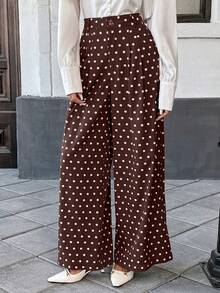 Pariaura 2025 Autumn/Winter New High-Waisted Slimming Women's Pants, Draping Digital Printed Wide Leg Loose Trousers. Beige Base With White Polka Dot Fabric, Soft And Skin-Friendly. Front Zipper Closure, Front Pleated Design, French Elegant And Versatile For Commuting. Women's Autumn/Winter New Wide Leg Pants, Women's Autumn/Winter New Trousers Wide Leg Pants Set Blouse And Pants Set Two Piece Set Women Pants Palazzo Pants Women Boho Pants - Coffee Brown - View 4