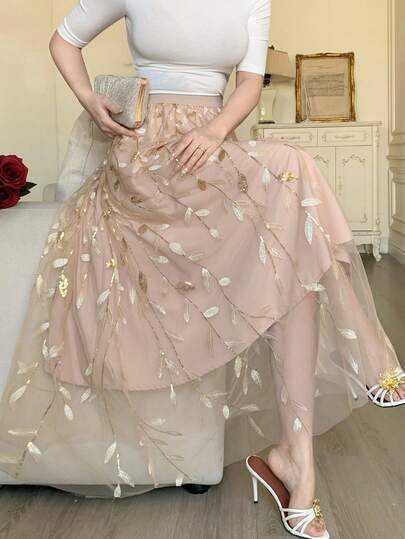 DAZY 女士优雅浪漫度假风亮片刺绣网纱拼接A字裙