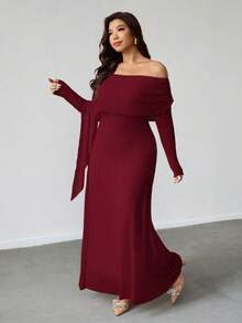 Firerie 大码女式优雅休闲度假约会派对下午茶精致迷人ins风时尚褶皱露肩披肩不对称下摆弹力长袖连衣裙 - 酒紅色 - 查看 3