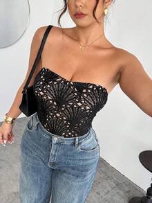 SHEIN Privé Frauen Große Größen Spitze modischer sexy Bandeau Bodysuit - Schwarz - Übersicht 3