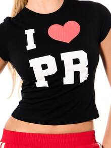 SUMWON WOMEN Slogan Graphic Baby Tee Short Sleeve Crop Top With Heart Print And Letter Design - Black - View 4