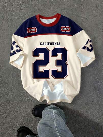 SHEIN EZwear 休闲简约圆领短袖宽松女式T恤，适合街头穿搭，撞色设计，23号印花