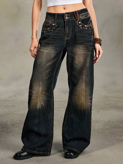 Grunge Punk Vintage verwaschen Nieten Design Damen locker sitzende Schlagjeans mit niedriger Taille