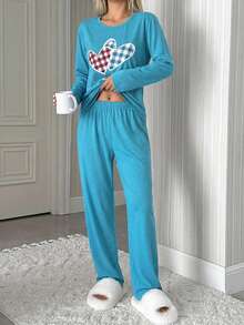 EURMUSE Set de pijama de 2 piezas con camisa de manga larga con estampado de corazón y detalles a cuadros + pantalones, 100% algodón - Azul - Ver 7