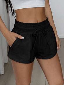 SHEIN EZwear 女士休闲抽绳腰斜插口袋纯色短裤，适合日常通勤和夏季穿着 - 黑色 - 查看 1
