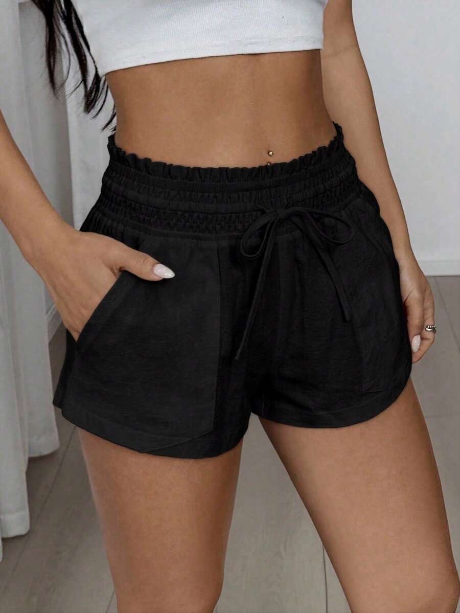 SHEIN EZwear 女士休闲抽绳腰斜插口袋纯色短裤，适合日常通勤和夏季穿着 - 黑色 - 查看 1