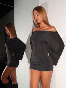 EgrlEra 女士时尚纯色露肩喇叭袖修身迷你连衣裙 - 黑色 - 查看 4