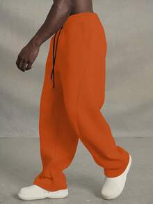 PAVTROS Calça de Moletom Casual Solta de Perna Larga com Cordão na Cintura, Cor Sólida, Para Rave - Laranja - Visão 4