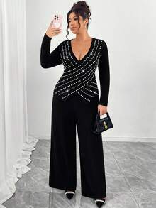 EMERY ROSE Plus Size Soft Knit Ribbed Fabric Criss-Cross Long Sleeve T-Shirt + Soft Ribbed Wide Leg Pants Casual Homewear 2 Pieces Set - Black - View 5