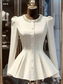 Franclia Camisa de mujer, cuello redondo, manga raglán larga, cierre delantero con botones, cuello decorado con cuentas, diseño de cintura entallada, uso versátil y elegante para el día a día - Blanco - Ver 3