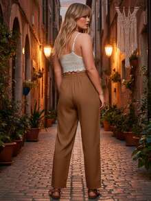 Pantalón de pierna ancha para mujer, clásico y casual, tela viscosa y nailon, apto para temporadas de primavera y verano, ajuste de cintura natural con resorte ligero y cordón para un mejor ajuste. Bolsillos laterales funcionales. Interior muy suave, fresco y ligero con tu piel. - Café integral - Ver 3