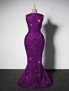 Viva Relle 大码女式无袖垂褶领亮片连衣裙，优雅适合节日派对穿着，绿色圣诞亮片长款女装 - 紫色 - 查看 2