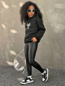 SHEIN Sleek Black PU Leggings For Young Girls Long Length Crossover Waistband - Black - View 5