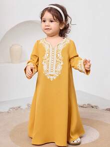 Loose Casual Retro Pattern Notched-Neck Long Sleeve Dress For Baby Girl - Yellow - View 3