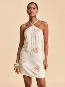 Travachic 女士度假休闲腰果花刺绣露背吊带迷你连衣裙 - 杏色 - 查看 6