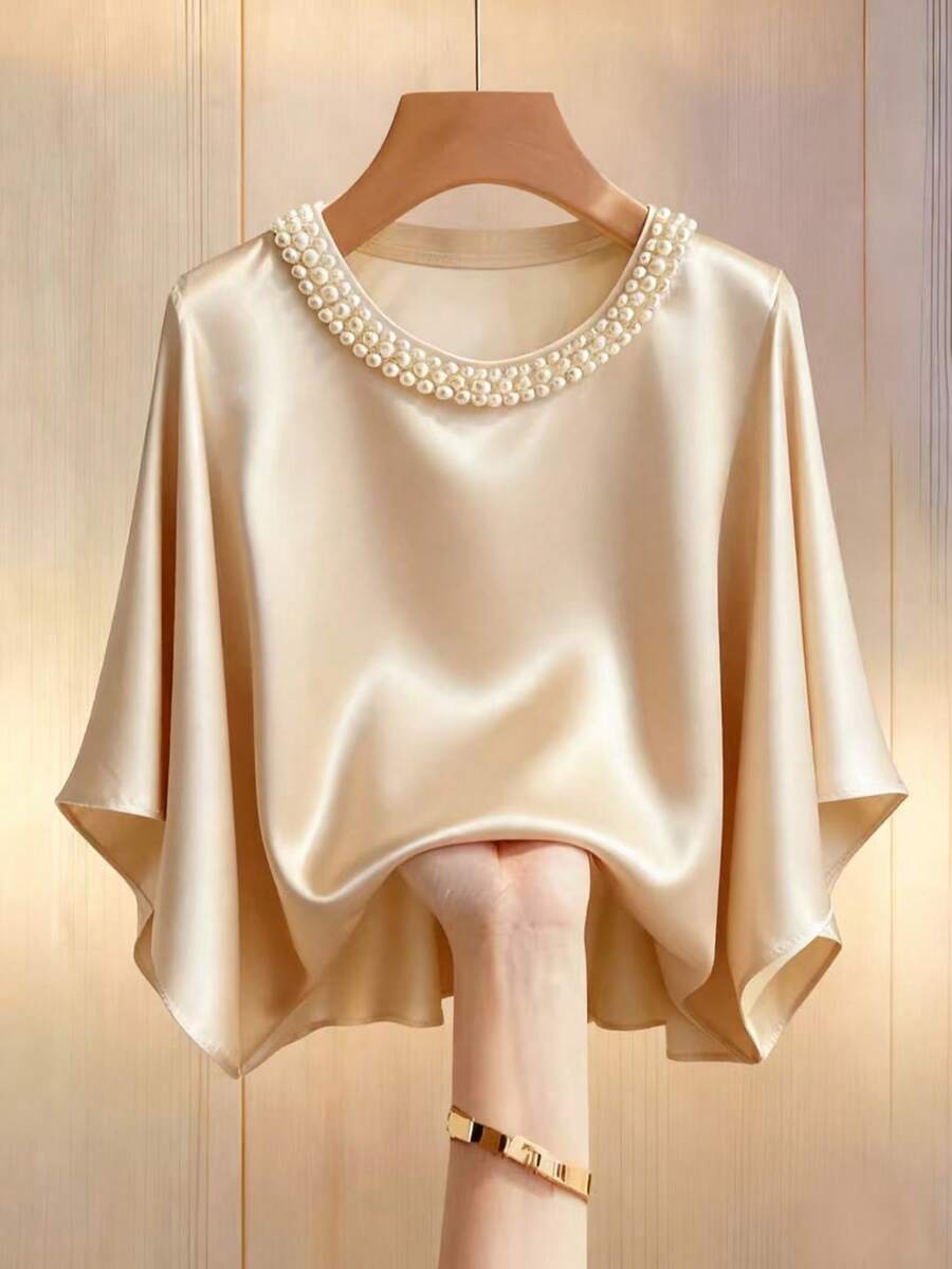 Franclia Blusa elegante romántica francesa con cuello redondo tejido, decoración de perlas, mangas de murciélago, para citas románticas, atuendo de fiesta, nueva blusa para mujer - Champán - Ver 1