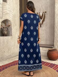 EMERY ROSE 女士休闲波西米亚度假风印花蝙蝠袖宽松长连衣裙，夏季 - 藍色 - 查看 2