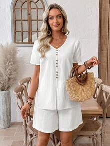 EMERY ROSE Bộ đồ nữ thường ngày gồm áo tay ngắn và quần dài màu trơn. - trắng - Xem 5