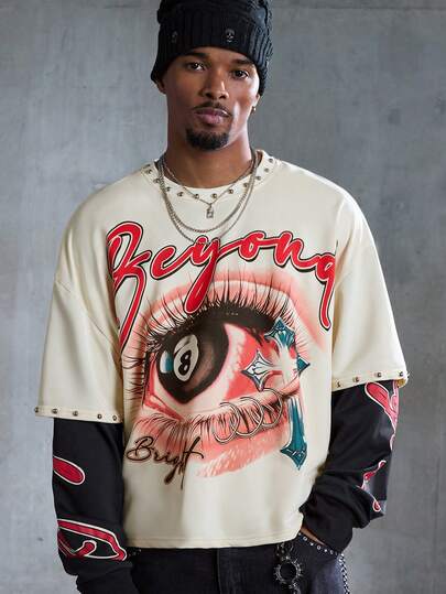 Street Life T-shirt décontracté pour hommes avec imprimé œil en blocs de couleurs, manches longues, automne