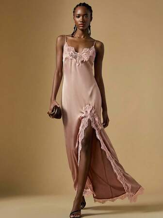 Briarwyn Women's Open Shoulder Spaghetti Strap Black Lace Patchwork High Slit Hem Dress