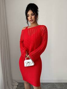 SHEIN Elenzya Women's Bright Red Autumn Chic Night Out 2-Piece Set,Hollow Out Long Sleeve Sweater & Spaghetti Strap Dress,Vintage Stockholm Style Elegant Outfit - Red - View 7