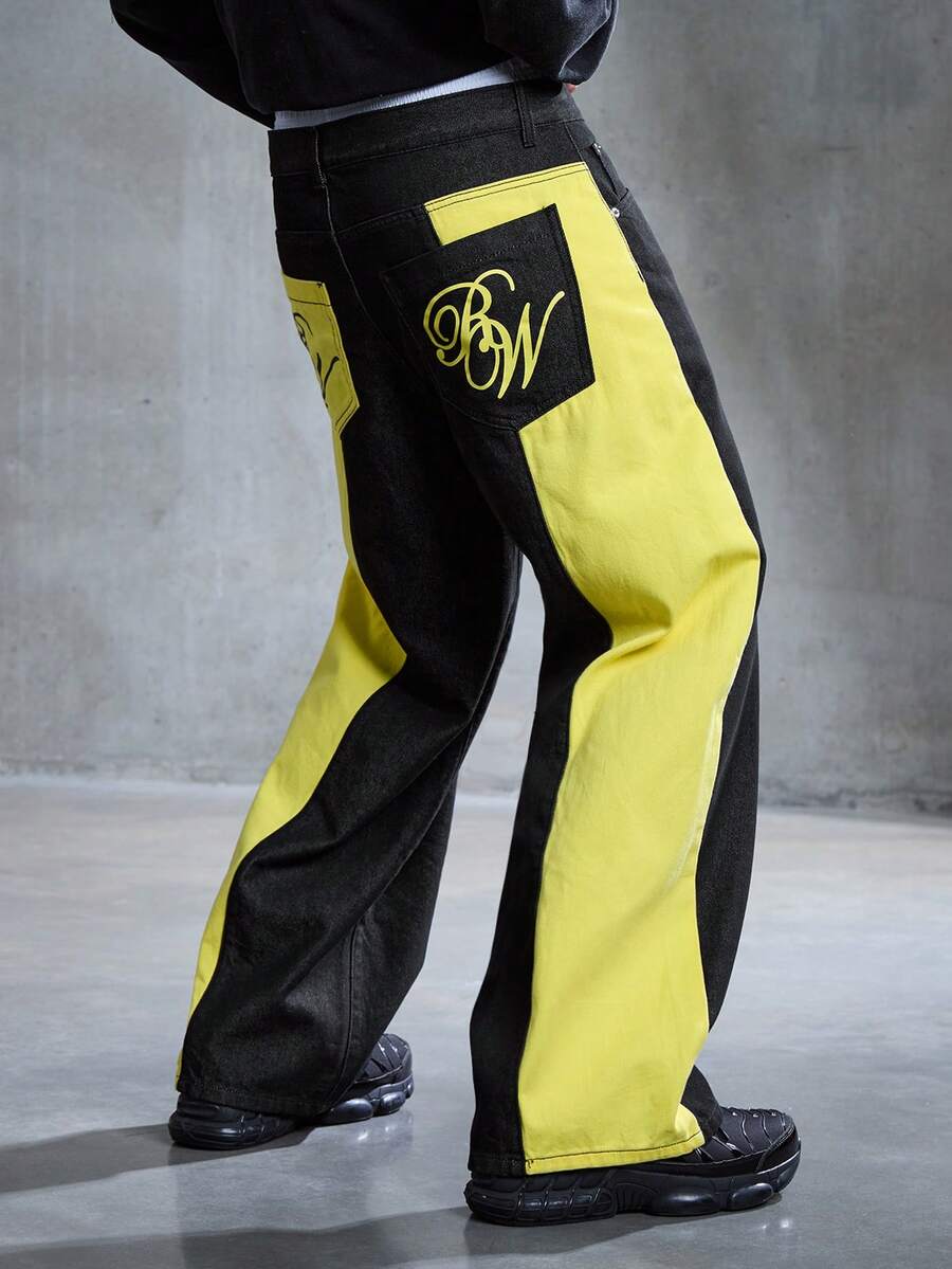 ROMWE MEN Street Life Spring Casual Graphic Men'S Loose Straight Leg Color Block Jeans - Black - View 1